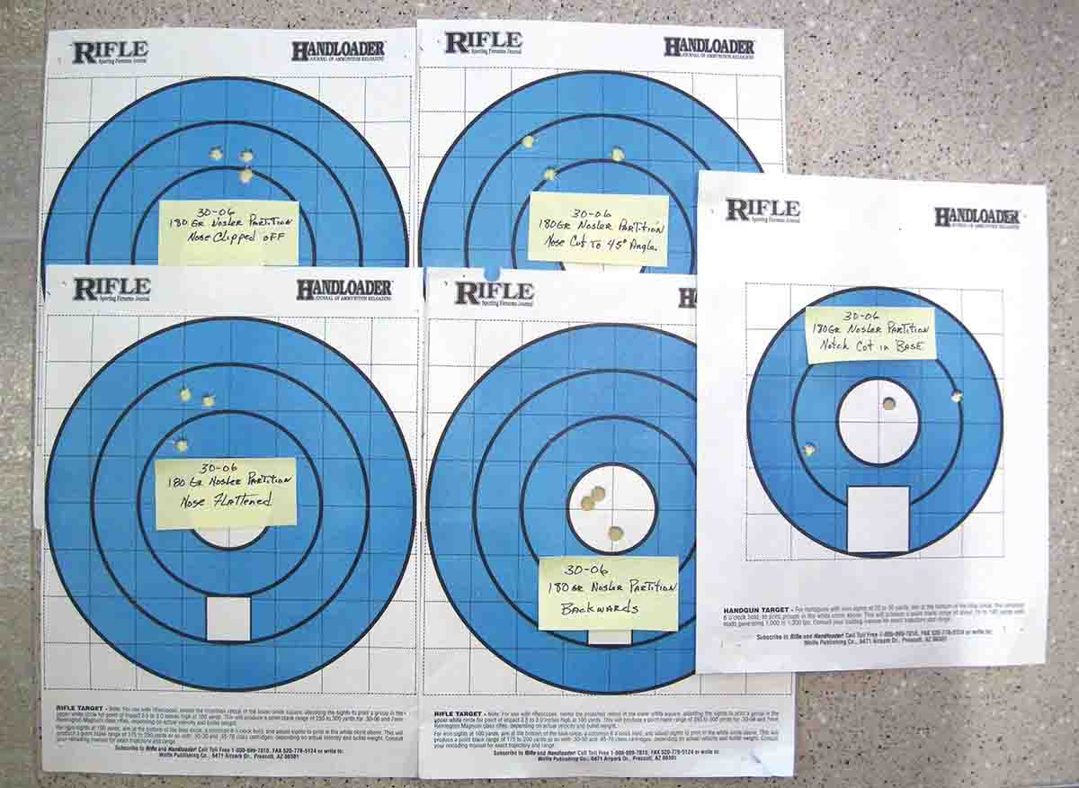 Point of impact was near the same with the clipped, flattened and 45-degree cut noses, but the backward bullets shot quite a bit lower. Rear base notched bullets were all over the place, and holes had signs of bullet yaw.